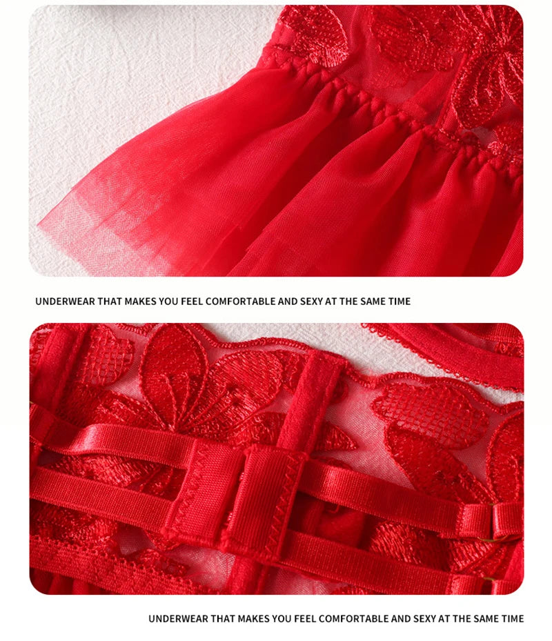 Lingerie Set Women Sexy Underwear Push Up Strappy Embroidered Mesh Sheer Lingerie Set See Through Panty Bra 3 Piece Langerie
