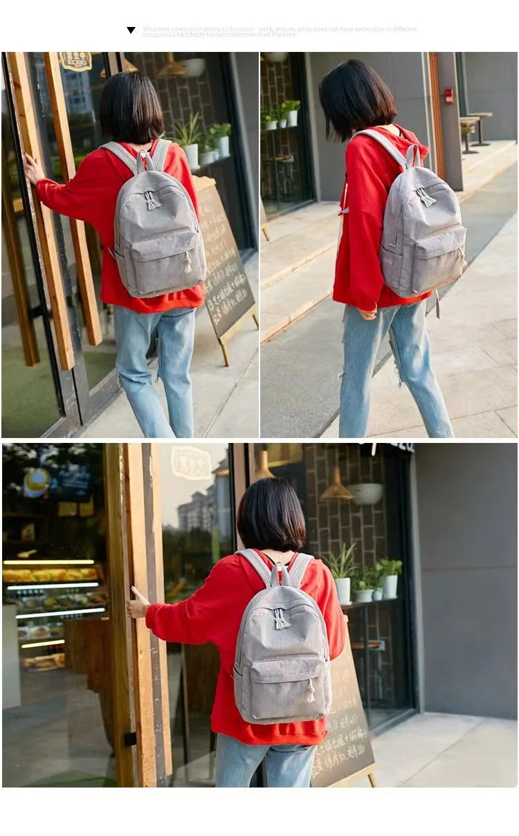 Corduroy Backpack, Academy Fashion School Bags for Middle/High School & College, Cute Tassel Detail, Versatile Casual Daily Bag