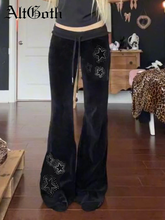 AltGoth Y2k Streetwear Gothic Velvet Pants Women Dark Cyber Punk Harajuku Grunge Pentagram Printed Low Waist Stright Pants Femme