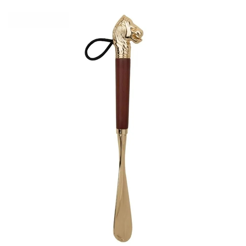 Shoe Wearer 32cm Metal Shoe Horn Lion/Horse Head Handheld Wood Handle Shoehorn Durable Long Portable Shoe Lifter for Household