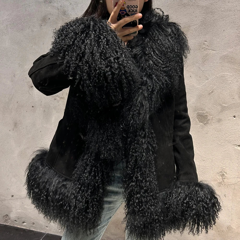 Black Suede Mongolian Sheep Fur Coat Women Fur Jacket with Long Sleeve New arrival Winter Real Fur Coat