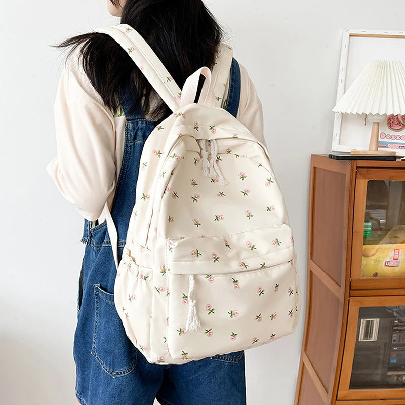 Student School Backpack Floral White School Bags For Teenage Girls Cute Women's Backpack Book Bag Nylon Rucksack