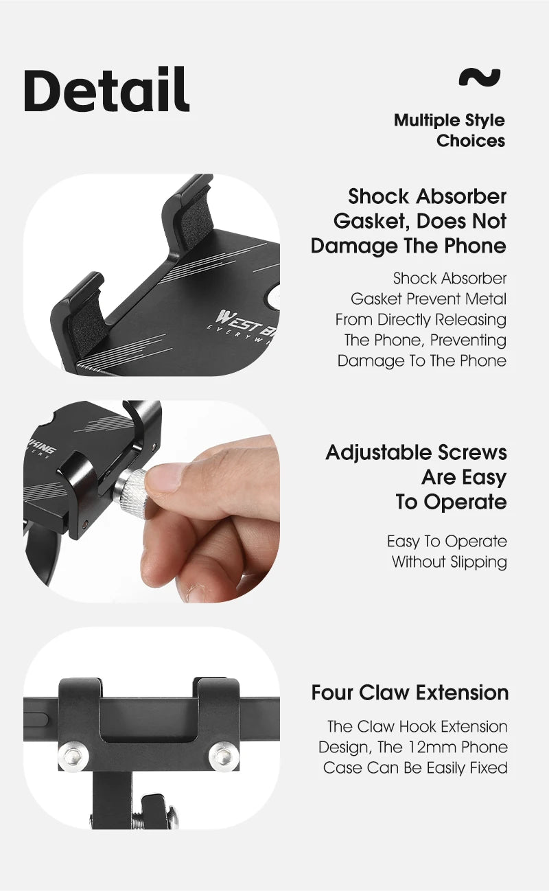 WEST BIKING Cycling Phone Holder Lightweight Aluminum Alloy Bike Handlebar Phone Bracket Phone Mount MTB Road Bike Accessories