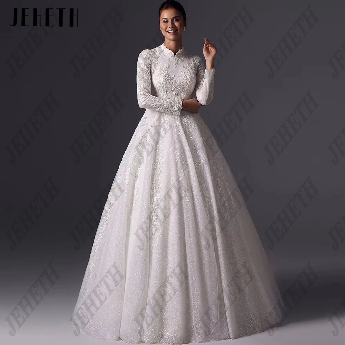 JEHETH Muslim A-line Wedding Dress Satin Wedding Dress High Neck Wrinkle Stickers Full Set Wedding Dress  Simple 2025 Customized
