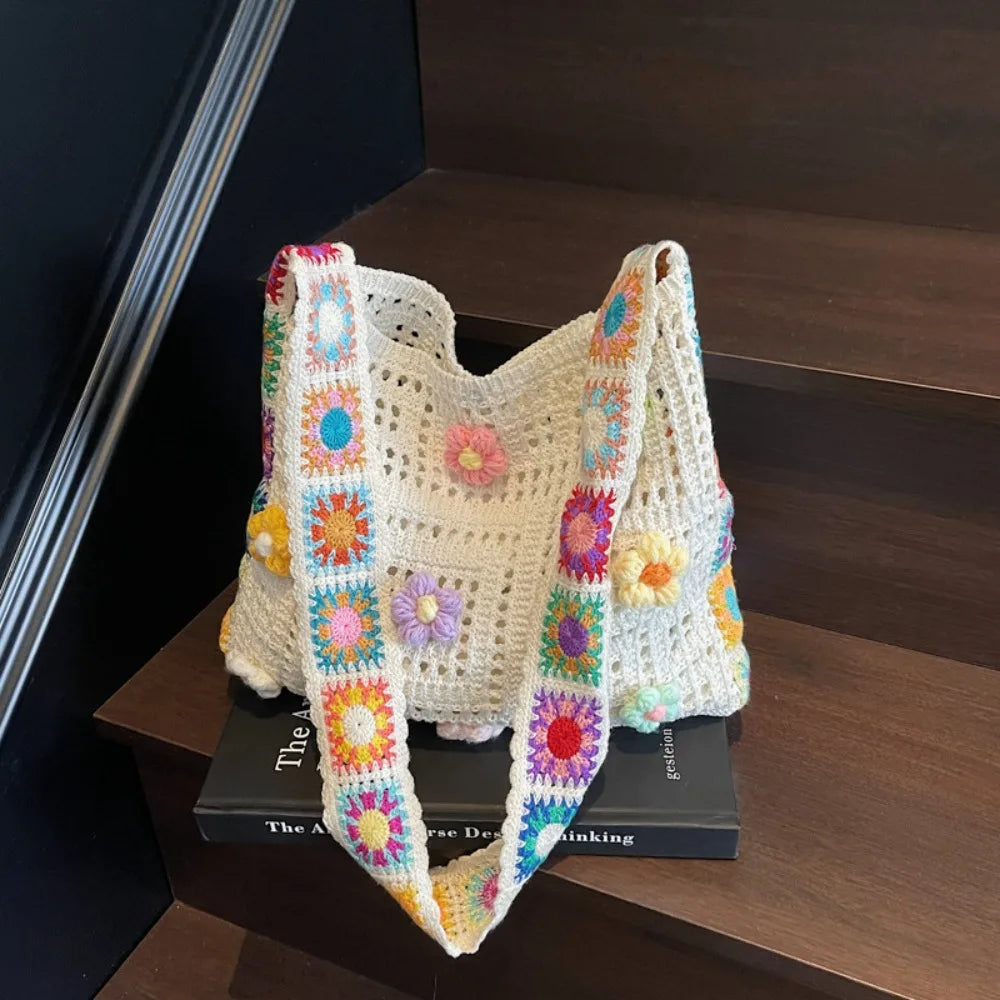 Fashion Large Capacity Women Shoulder Bag Floral Crochet Vintage Handbag Boho Hollow Out Knitted Crossbody Bags