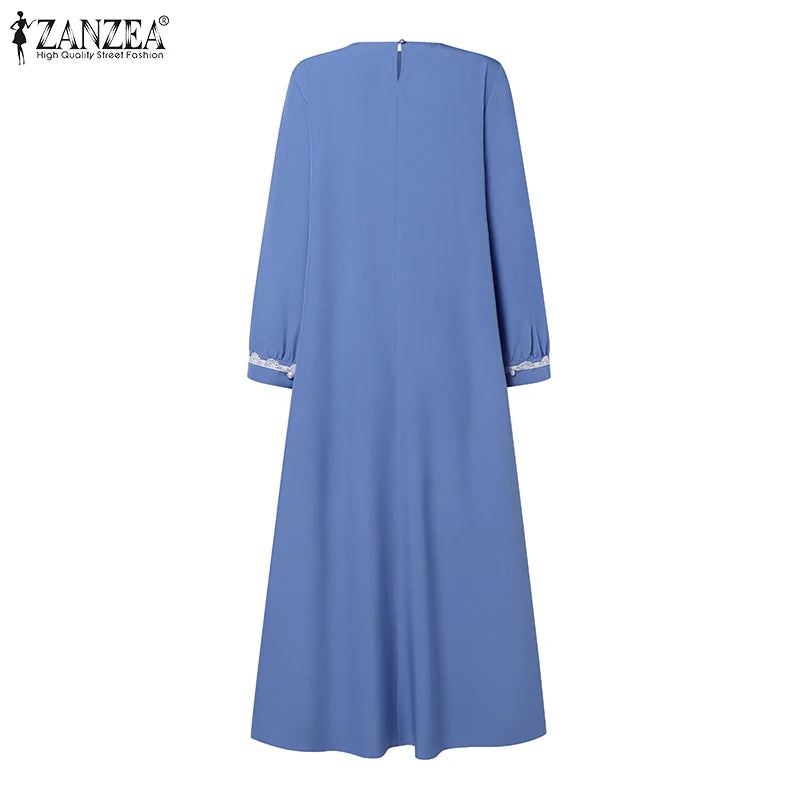 Autumn Lace Crochet Maxi Dress ZANZEA Muslim Turkey Abaya Elegant Loose Vestidos Women Long Sleeve O Neck IsIamic Robe Kaftan