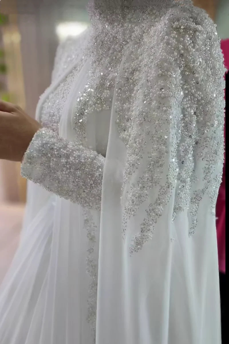 Muslim Long Sleeve Wedding Dress Elegant High Collar Beaded Chiffon A-line Bride Dress Arab Women's Wedding Dress Customized