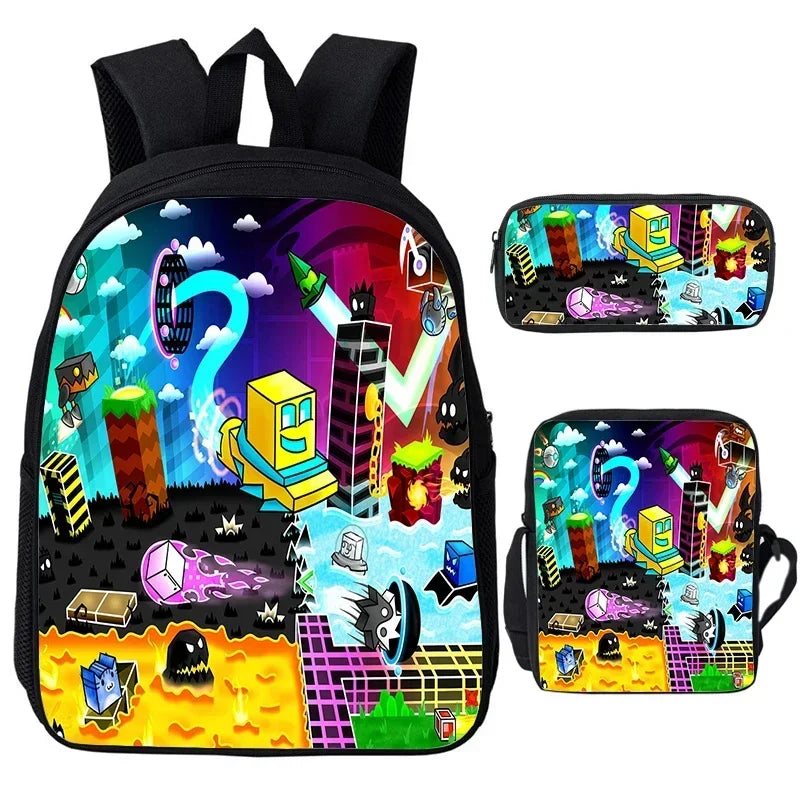 Large Capacity Bookbag 3pcs Set Boys Girls School Bags Angry Geometry Dash Cartoon Print Children Backpack Back To School Gifts