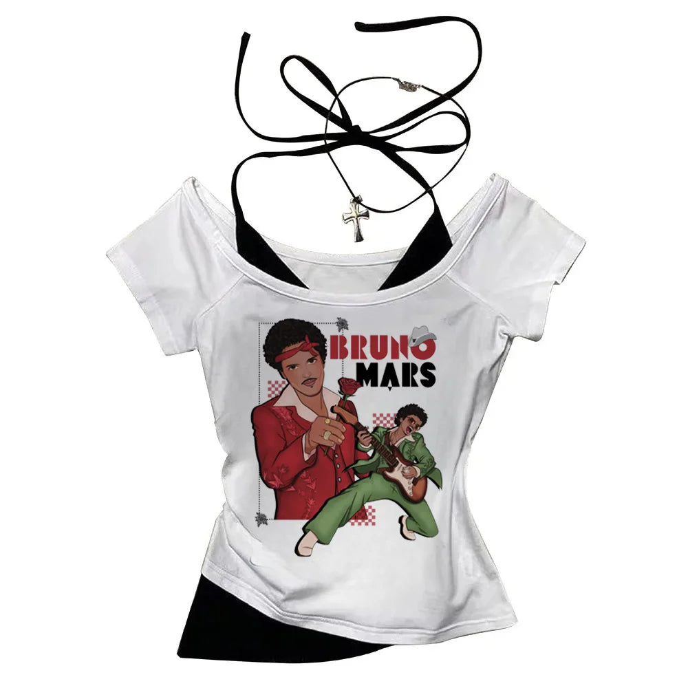 2026 Shirt  Bruno Mars The Romantic Tour Women Fake Two-piece O-Neck Short Sleeves Crop Tops T-shirt