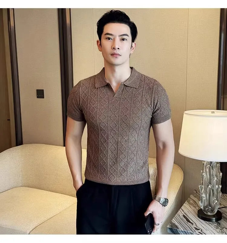 Polo Style Sweaters for Men Summer New Slim Fit Short Sleeve Business Casual T-shirts Male Solid Turn Down Collar Knitwear Tops