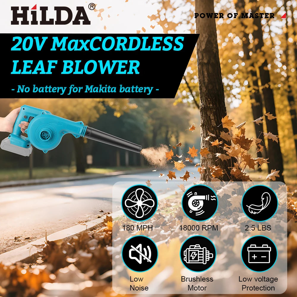 HILDA Cordless Electric Blower Blue Turbo 2-in-1 Blowing And Suction Machine Handheld Leaf Vacuum Cleaner For Makita 18V Battery