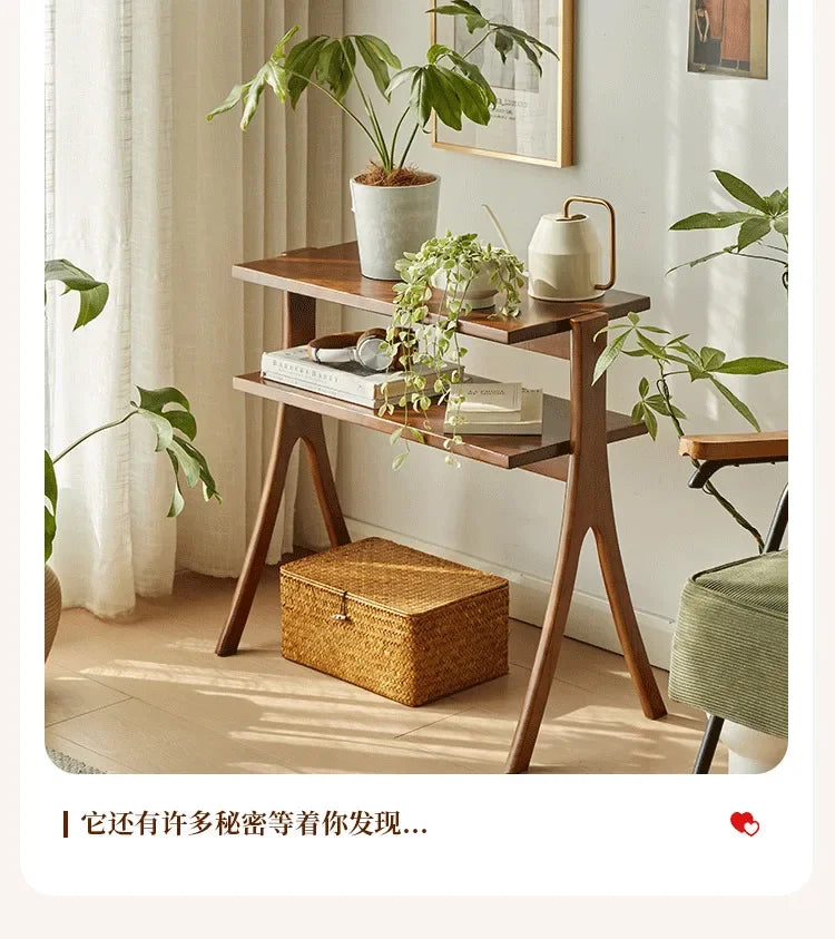 Walnut Solid Wood Middle Ancient Style Sofa Corner Shelf Narrow Cabinet Floor Bookshelf for Small Living Room Storage
