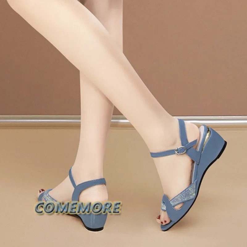 2025 Women's Elegant Mid Heel Sandals Fashion Sexy Rhinestone Summer Shoes Ankle Buckle Strap Peep Toe Blue Red Casual Footwear