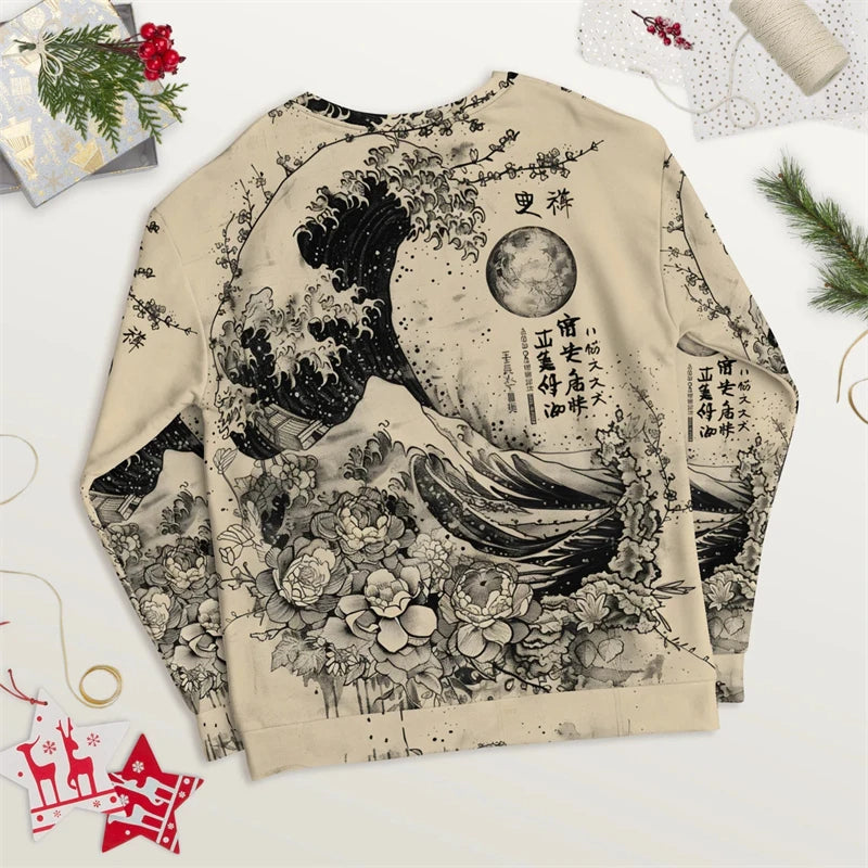Pullover Sweatshirt For Men Japanese Style Graffiti 3D Printed Long Sleeve Tops Oversized Street Hip Hop O-Neck Casual Hoodies
