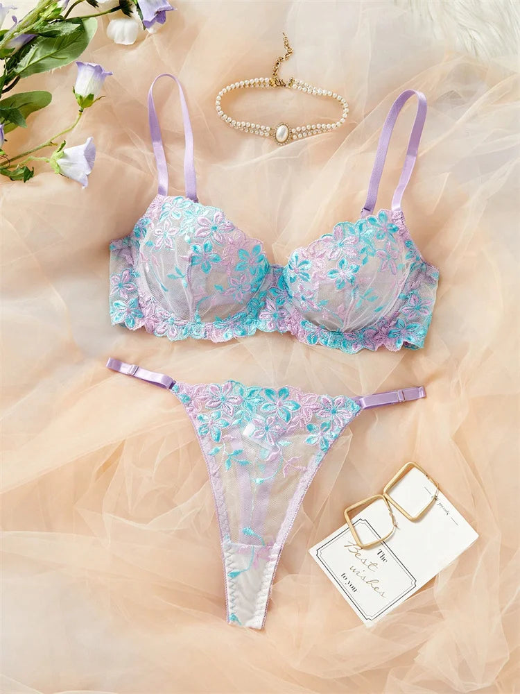 Woman Lingerie Set Floral Embroidery Erotic Underwear Translucent Beautiful Mesh Bra Kit Daring Lingerie Romantic Sexy Lingerie