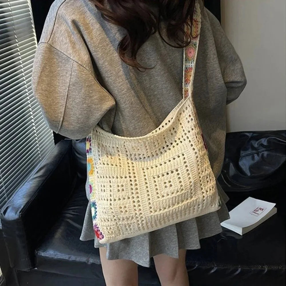 Fashion Large Capacity Women Shoulder Bag Floral Crochet Vintage Handbag Boho Hollow Out Knitted Crossbody Bags