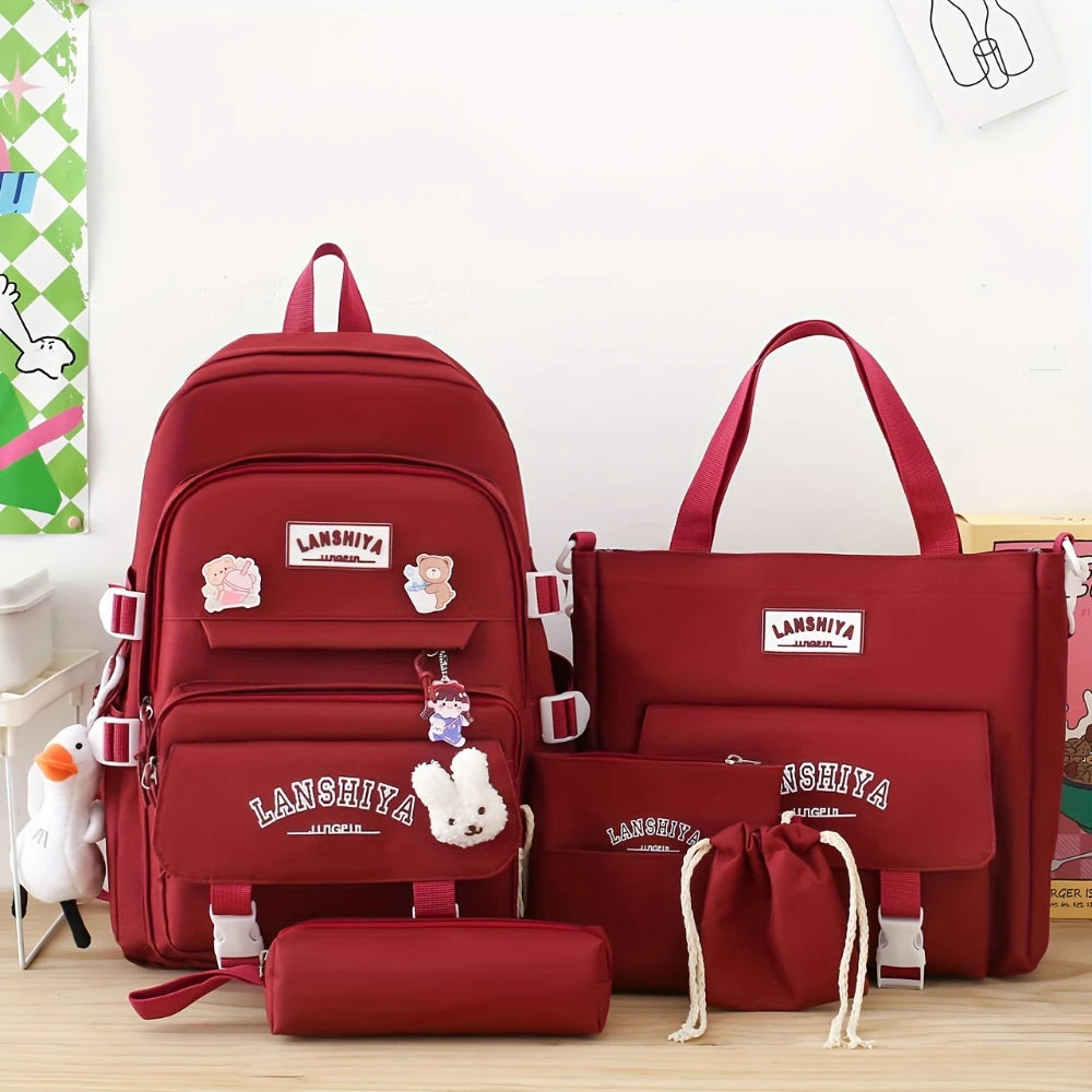 A Set of 5 Bags Including a Spacious Backpack, Perfect for Back-To-School Season Includes a Small Duck And a Rabbit Accessory