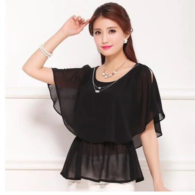 2025 Women Summer Tops Blouse Fashion Elegant Ruffle Batwing Sleeves Chiffon Shirt Loose Casual Clothing blusas mujer de moda