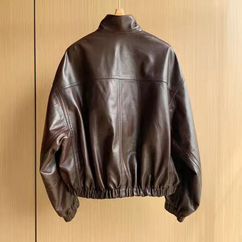 Imported Lightweight Leather Jacket for Women Modern Genuine Sheepskin Stand Up Collar Short Silhouette Coat Winter Tops Mujer