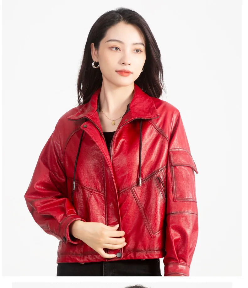 Oil Wax Sheepskin Coats for Women Winter 2024 Green/Blue/Red/Black Fahion Loose Slim Motorcycle Zipper Short Leather Jacket