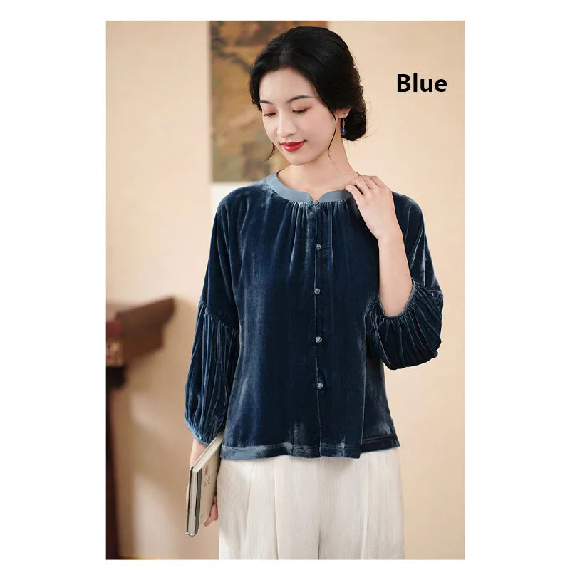 Silk Velvet Shirt for Women, Elegant Temperament Shirt, Mulberry Silk, Vintage Blouse, Violet Light, Comfortable, Spring Autumn