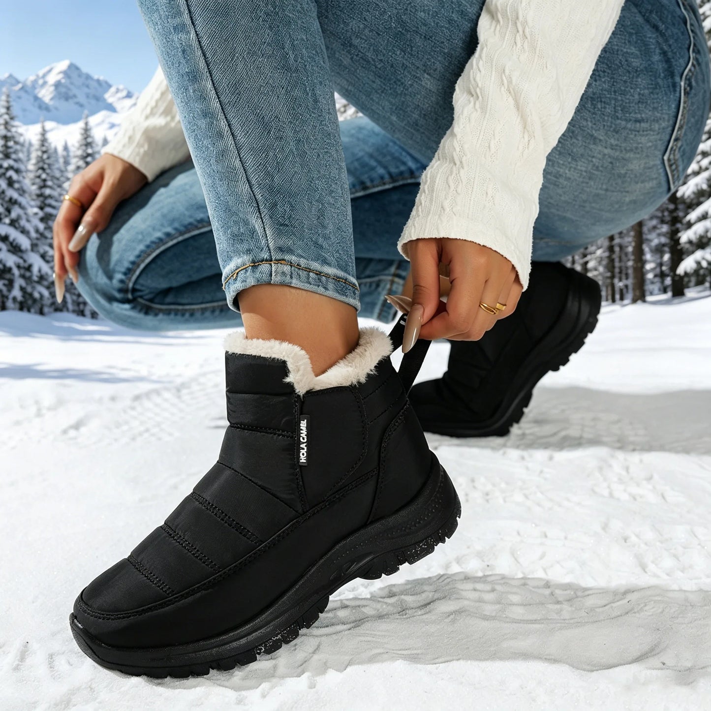 Women Fleece Lined Snow Boots Waterproof Non Slip Thick Sole Zipper Winter Ankle Booties