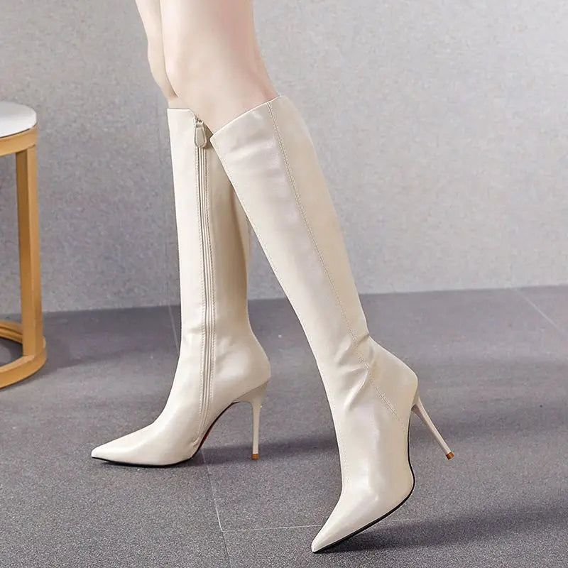 Black Women's Boots Long Pointed Toe Very High Heel Shoes for Woman Footwear Winter Knee Shaft Boot Trend 2024 Demi-season Hot