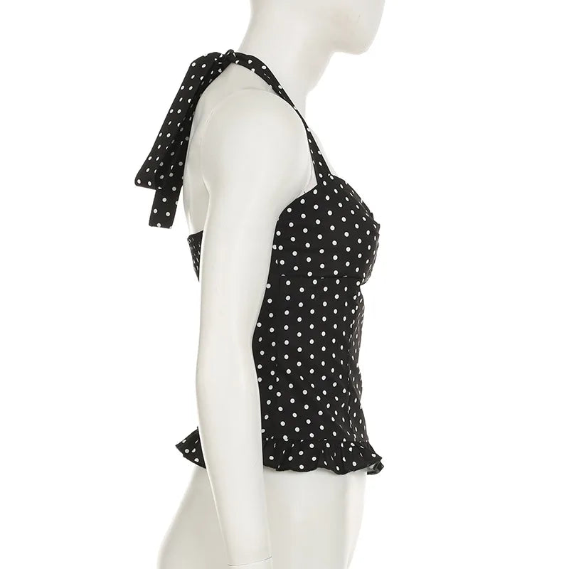 Women Halter Tank Tops Ruffles Hem Lady Sexy Backless Sleeveless Crop Top Summer Fashion Streetwear Female Dot Print Vests