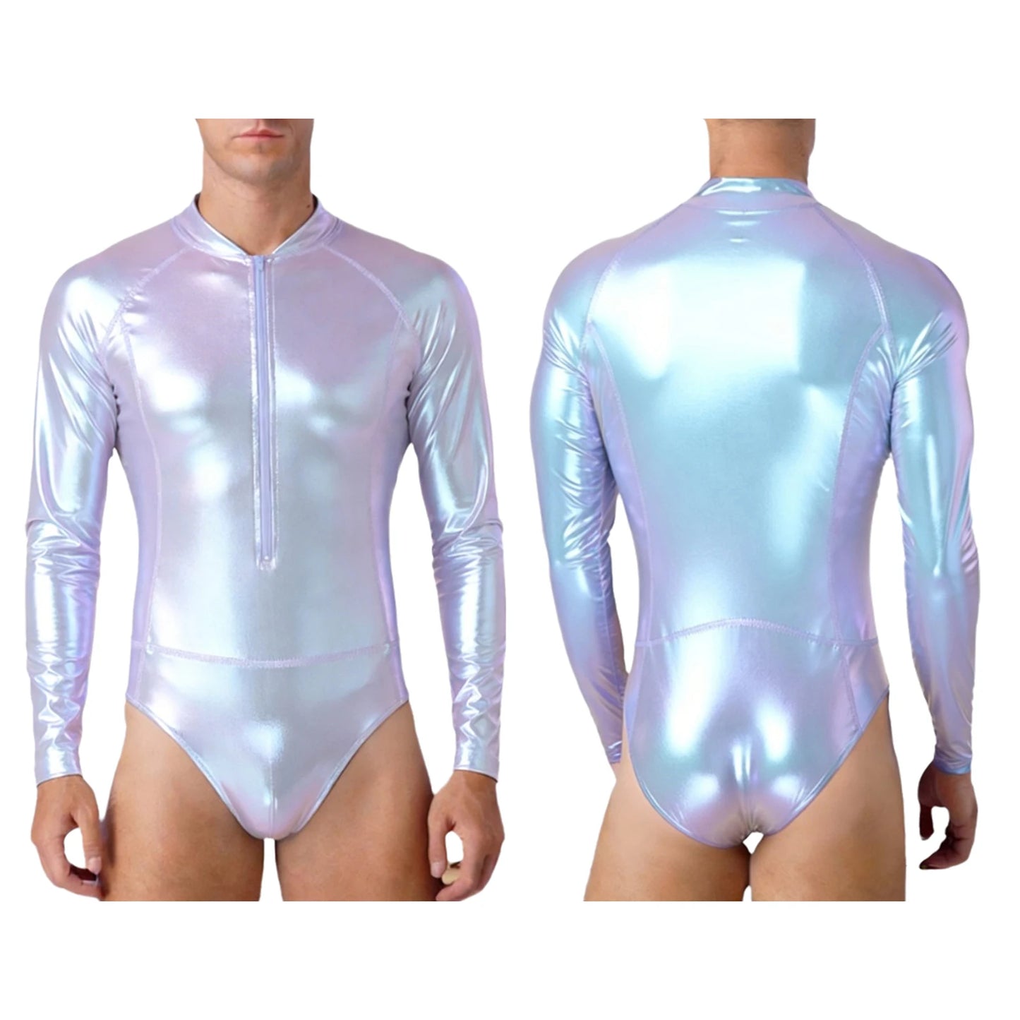 Mens Bathing Suits Swimsuits Metallic Shiny Bodysuit Long Sleeve One-piece for Nightclub Jazz Dance Beach Gymnastics Leotard