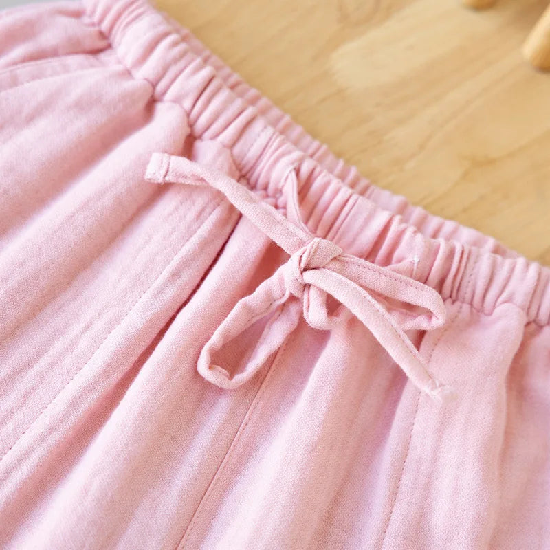 Men's and Women's Pajama Pants Yarn-dyed Pure Cotton Home Pants Casual Loose Thin Solid Color Lounge Wear Elastic Waist Bottoms