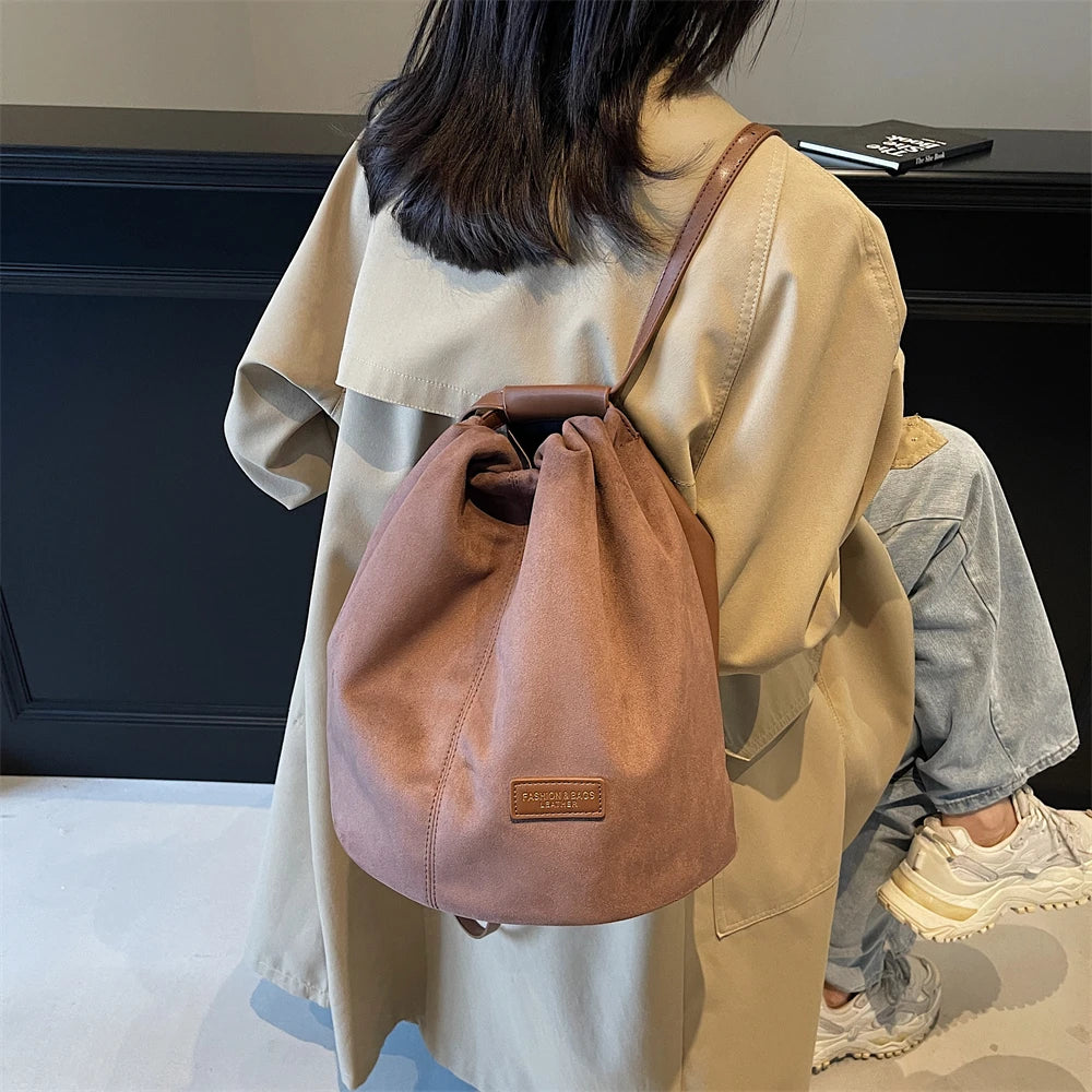 2024 Latest Women Fashion Backpacks Drawstring Bucket Shoulder Bags Soft Suede Large Capacity Rucksack For Travelling Shopping