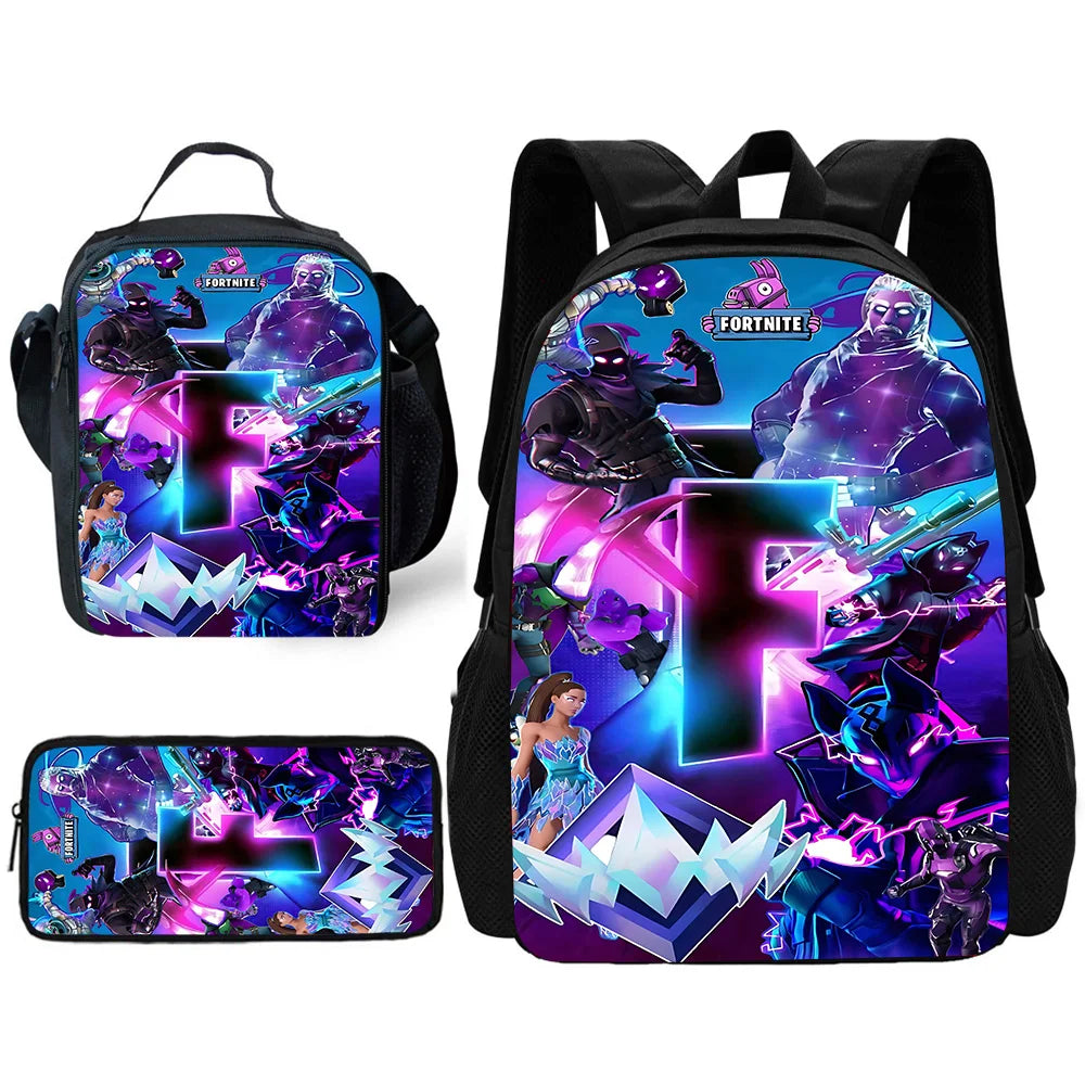 Child School Backpack with Lunch Bags ,Pencil Bags ,Hot Game Design-F-FortniteS School Bags for Boys Girls Best Gift