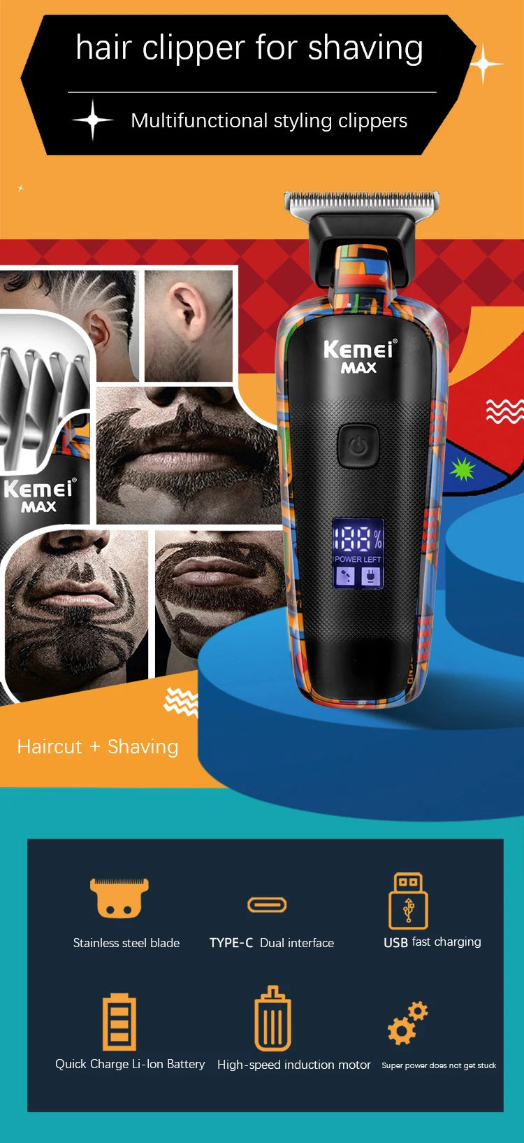 Kemei Hair Trimmer Men Professional Hair Clipper Electric Beard Razor 0mm T-blade Hair Cutting Machine Haircut Shaver KM-MAX5090