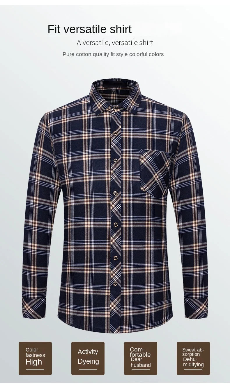 M-6XL Men's Pure Cotton Flannel Shirts Long Sleeve Single Pocket Casual Plaid Thick Soft Cozy Brushed Shirts Blouse Men Clothing