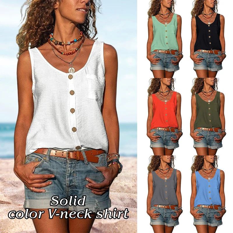 Women Summer Loose Vest Tops Buttons Chiffon Blouse Holiday T Shirt Casual Cami Tank Top Sleeveless Base V-neck Camisoles