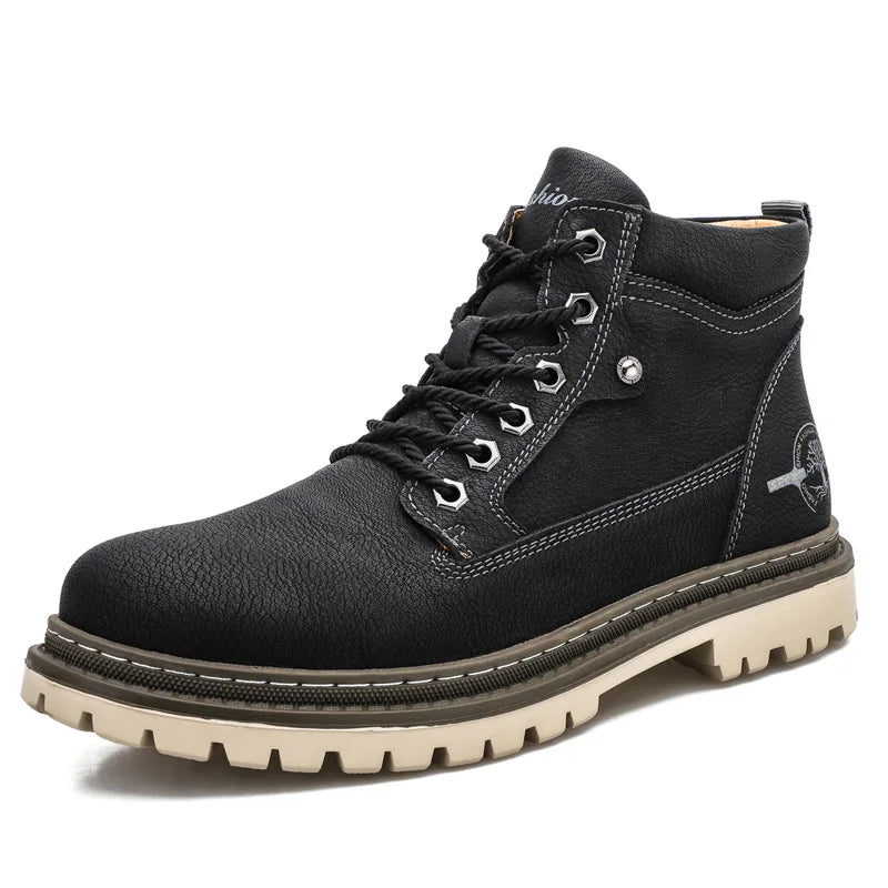 Men's High-Top British Style Motorcycle Boots Durable Cowboy Ankle Shoes Rugged Casual Non-Slip Leather Outdoor Work Footwear