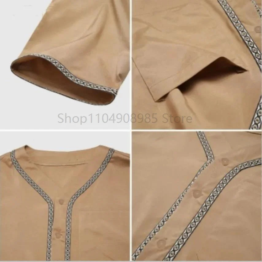 Islamic Muslim Men's Solid Color Short Sleeve Classic Embroidery Robe Dubai Arabic Ethnic Style Men's Casual Formal Robe