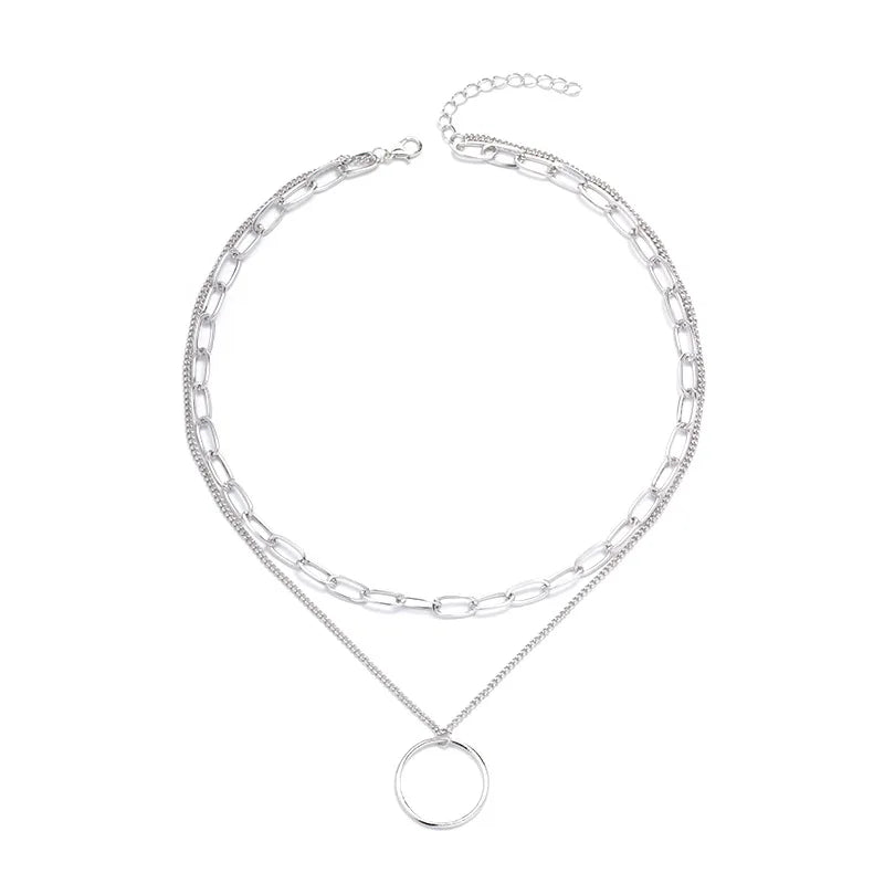 Double Layered Necklace Circle Pendant Jewelry Fashion Neck Chain Metal Choker Personalized Clavicle Chain