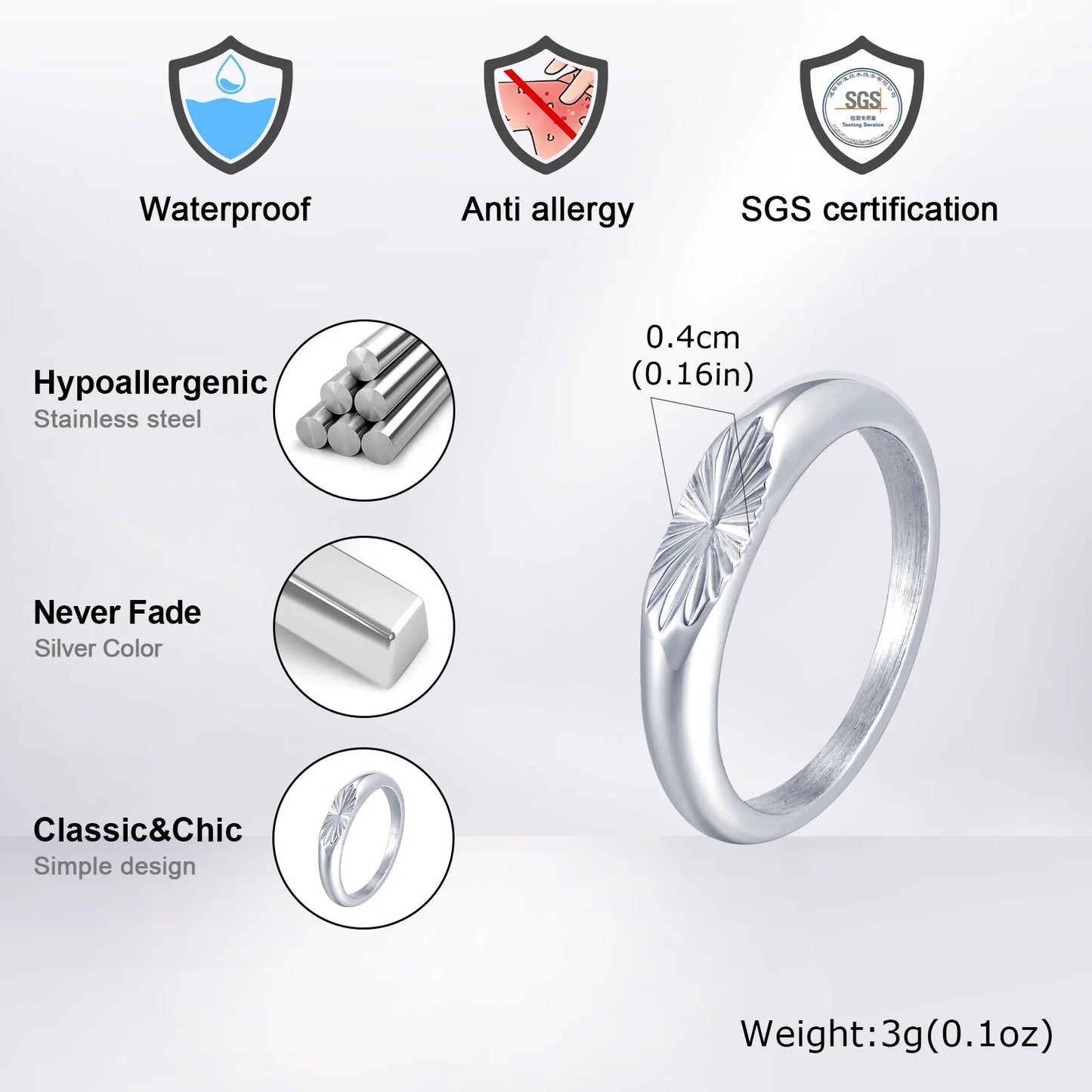 Minimalist Silver Color Men's Ring,Embossing Radiation Sunburst Stainless Steel Tail Ring,Stylish Wedding Finger Ring Gifts