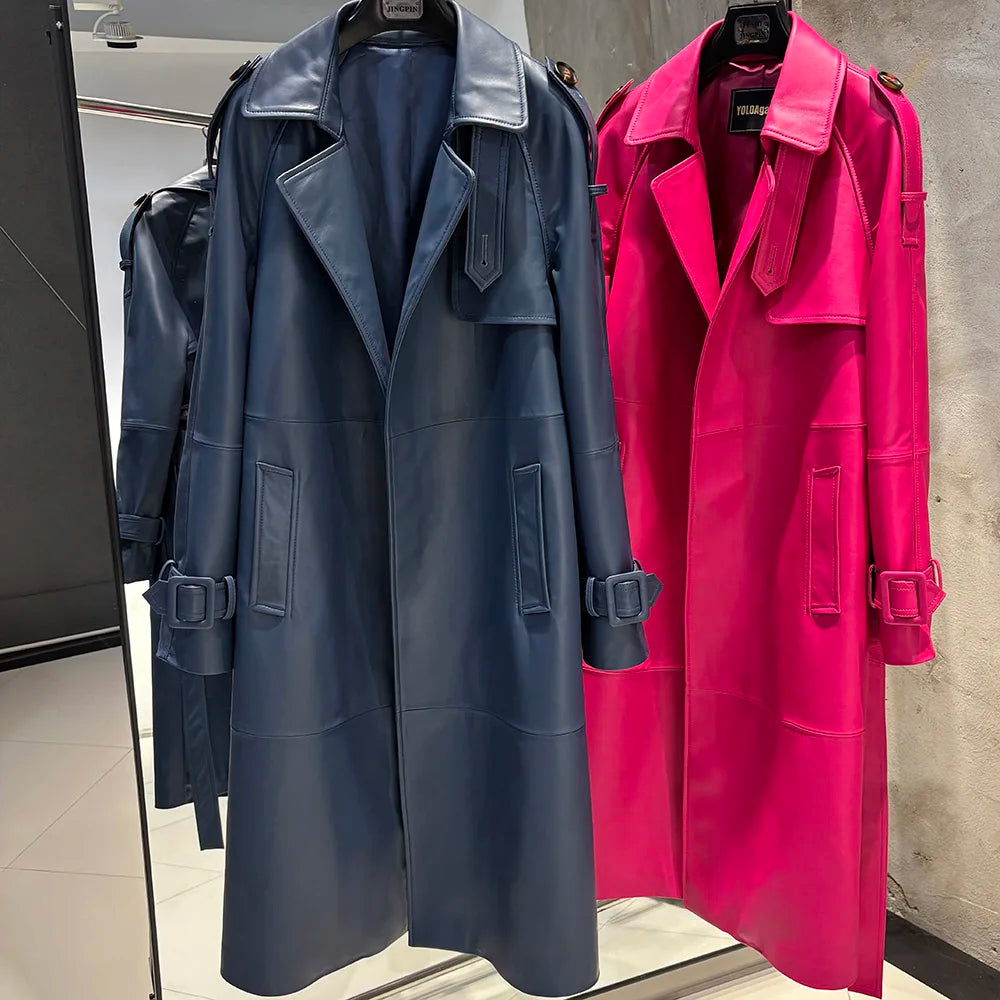 YOLOAgain High Quality Real Leather Trench Coat Women Genuine Leather Jacket Windbreak Female