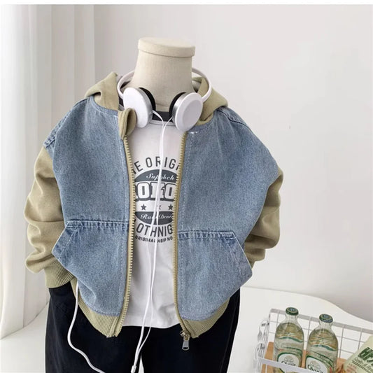 Boys Jeans Jackets Spring Girls Fashion Hooded Coats Autumn Children Clothes Kids Casual Zipper Colorblocking Outerwear 1-10Y