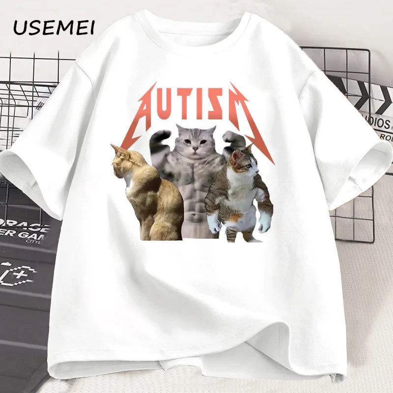 Funny Cat Autism T-shirt Men Women Cotton Short Sleeve Tshirt Unisex Streetwear Grpahic Tees Printed Oversized Male Clothes Tops