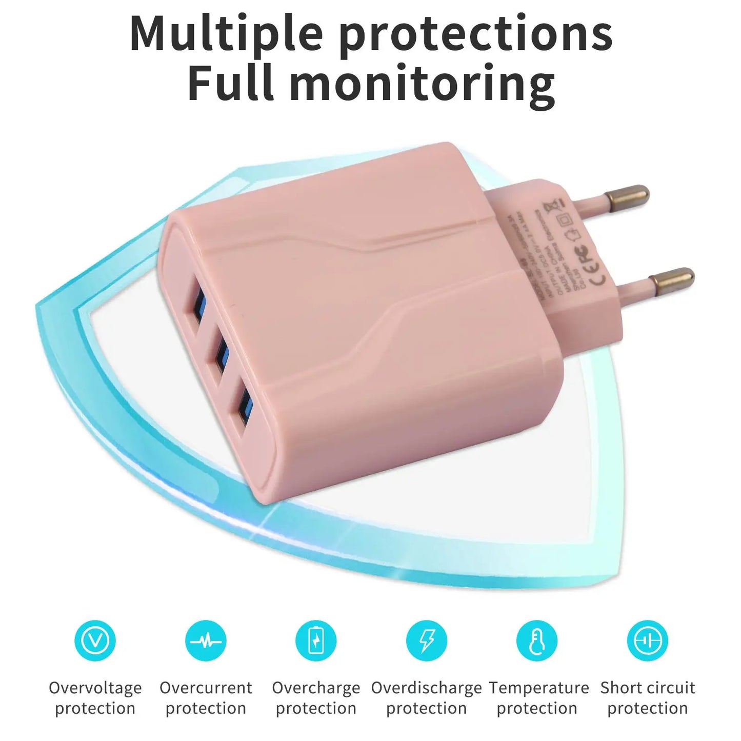 Travel Charger with 3 Ports Charger for iPhone for Galaxy 100-240V, EU Plug, USB Charger Adapter, Sleek Charger Design