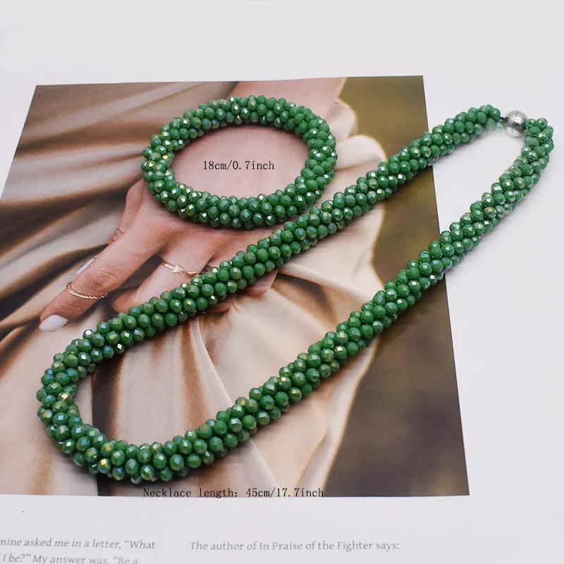 New Woven Bead Necklace Glass Beaded Bohemian Statement Necklace Bracelet Hair Accessory Set For Women Jewelry Gift