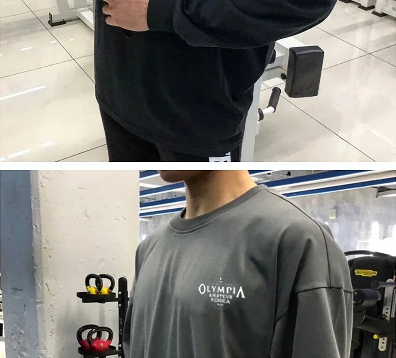 Men's Cotton Casual Long Sleeve T-shirt Man Gym Fitness Sweatshirt O-Neck Running Training Tops Male Workout Clothing Undershirt