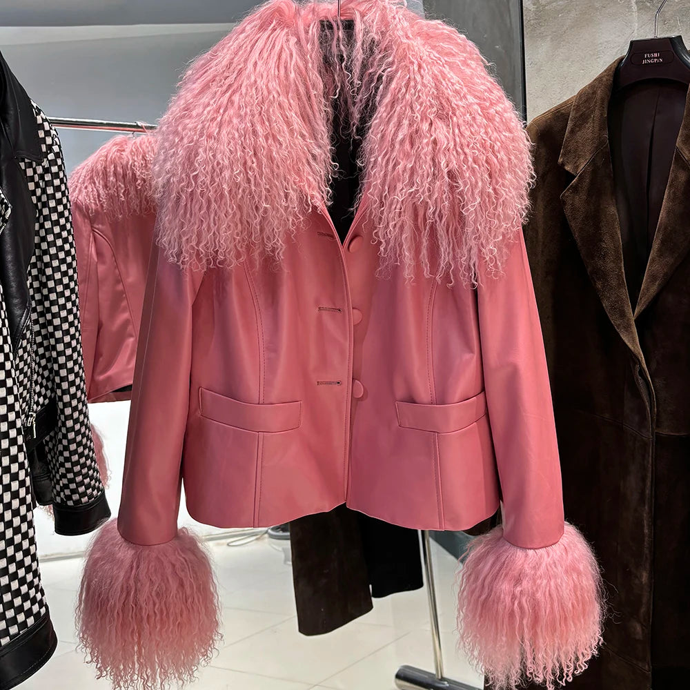 YOLOAgain Women's Mongolia Sheep Fur Collar Real Leather Jacket Single Breasted