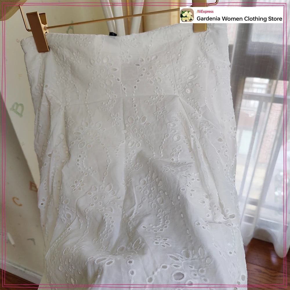Women Summer Vacation Co Ord Outfits Elegant White Embroidered 2 Piece Set Cropped Top with Thin Straps Matching Cape Midi Skirt