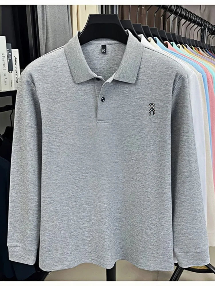 100% pure cotton polo shirt long sleeved men's brand fashionable embossed T-shirt sports breathable spring autumn casual new top