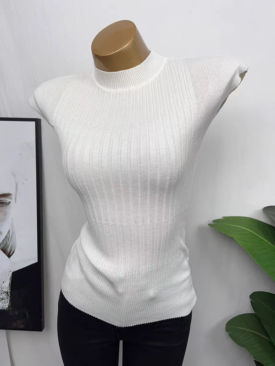 Summer Ribbed Knitted Sexy Women Tops Fashion Turtleneck White Black Tshirt Casual Sleeveless Vest Women's Tank Top Clothing