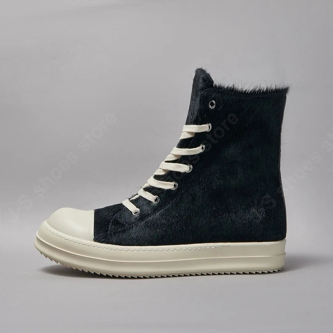 R-o Classic Men Shoe Black Horse Hair Boots Women Shoes High Top Sneaker Black Horsehair Ankle Boot Zipper Outside Sneakers